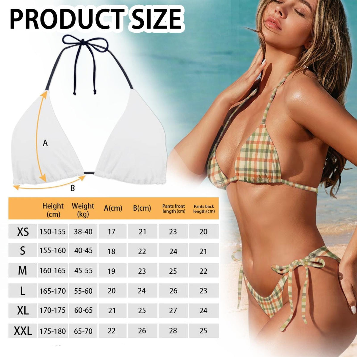 Plaid Triangle Bikini Set, Removable Pads, Adjustable Halter String Tie-Up Swimsuit, XS-2XL, 1970s Colours