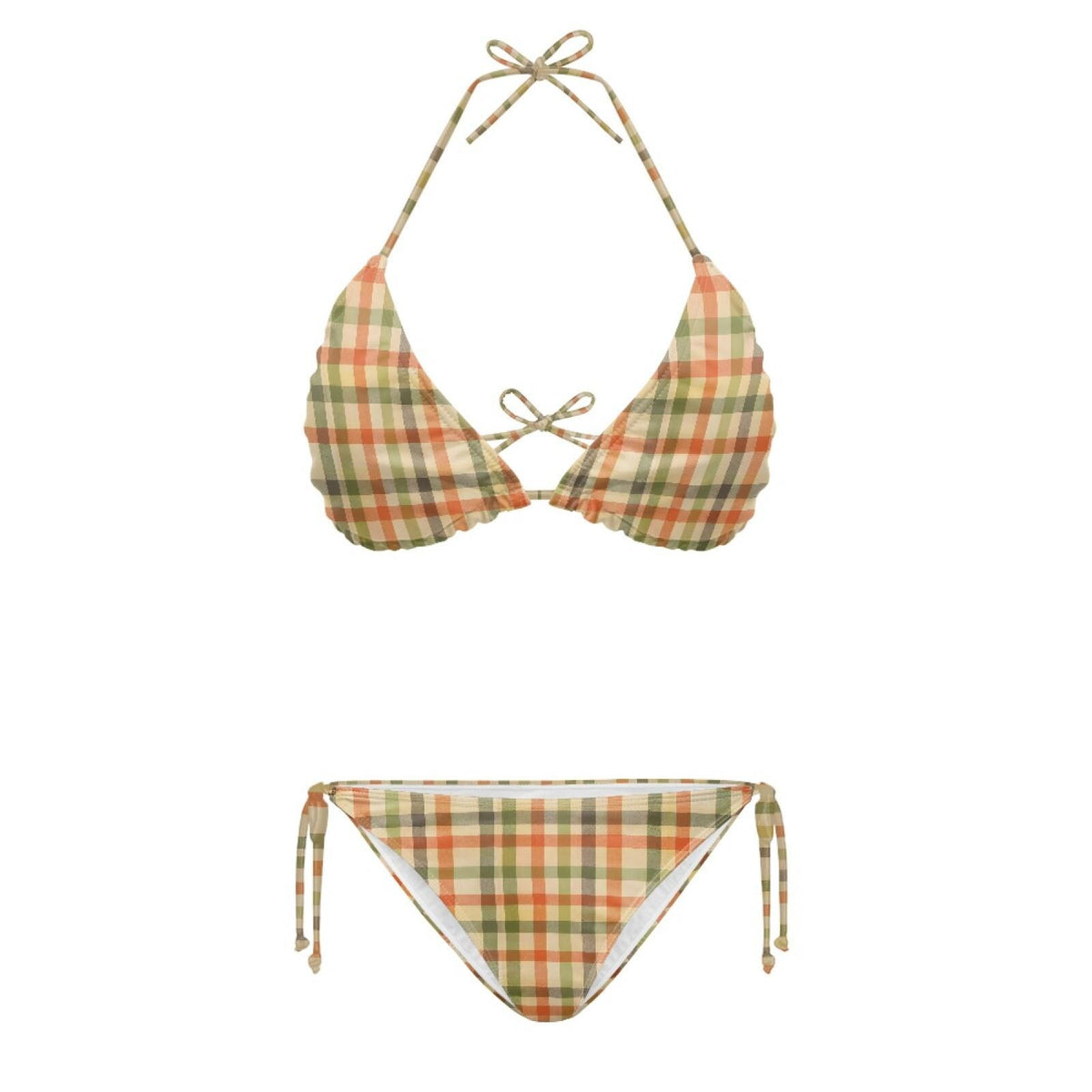 Plaid Triangle Bikini Set, Removable Pads, Adjustable Halter String Tie-Up Swimsuit, XS-2XL, 1970s Colours