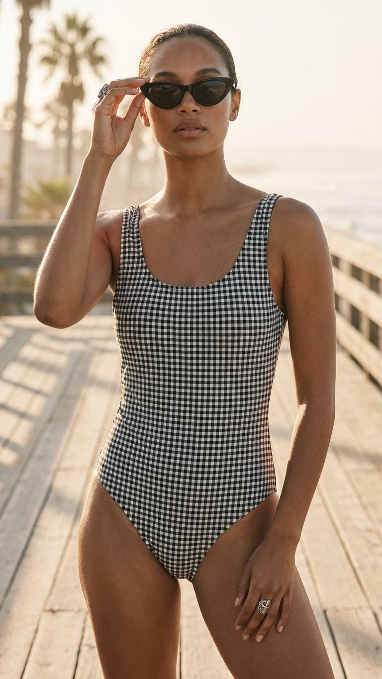 Gingham One-Piece Swimsuit – Retro Black and White Bathing Suit