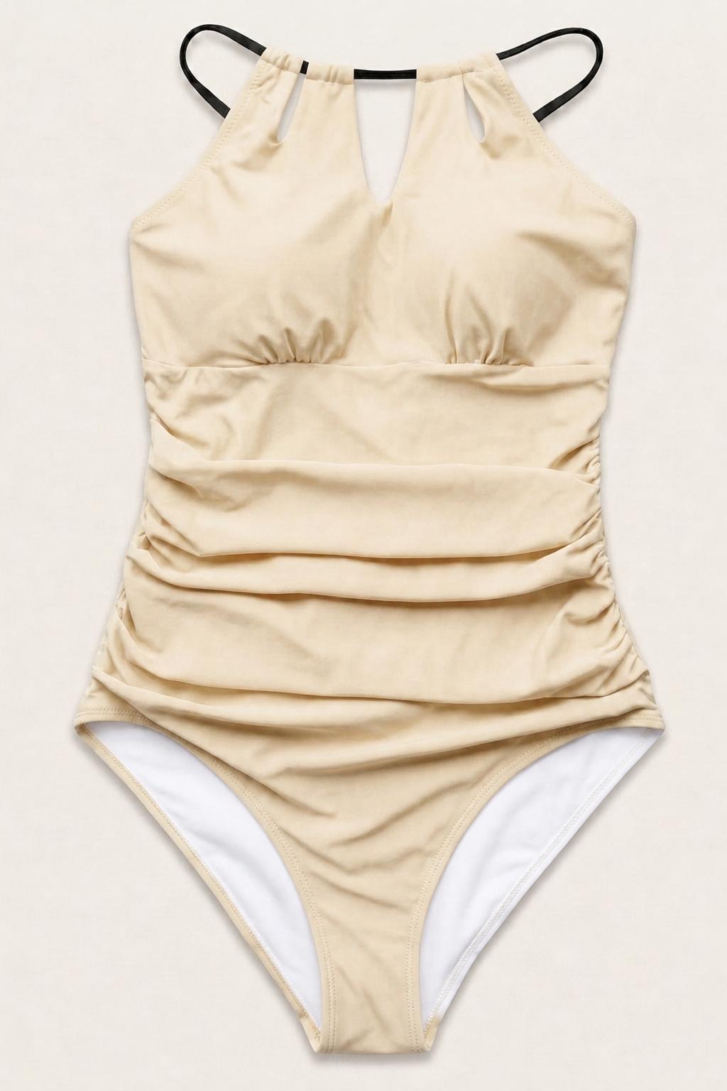Halter Keyhole Cutout One-Piece Swimsuit, Lace-Up Back & Tummy Control, Vanilla Cream