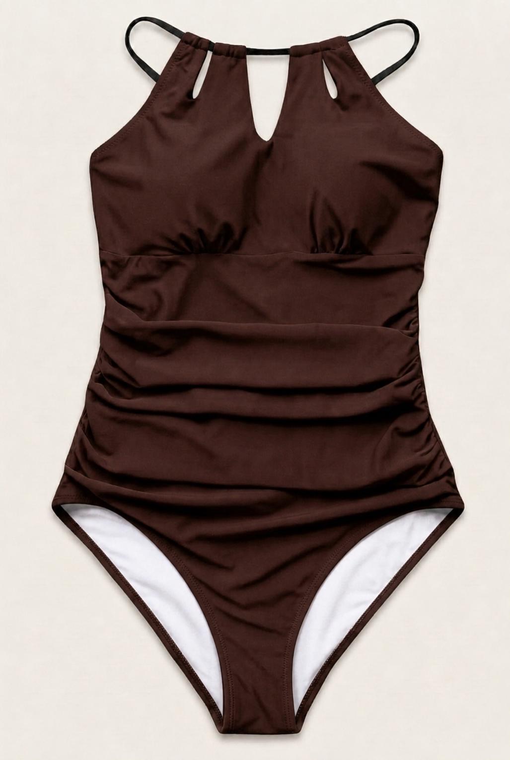 Halter Keyhole Cut-Out One-Piece Swimsuit, Lace-Up Back & Tummy Control, Espresso Brown