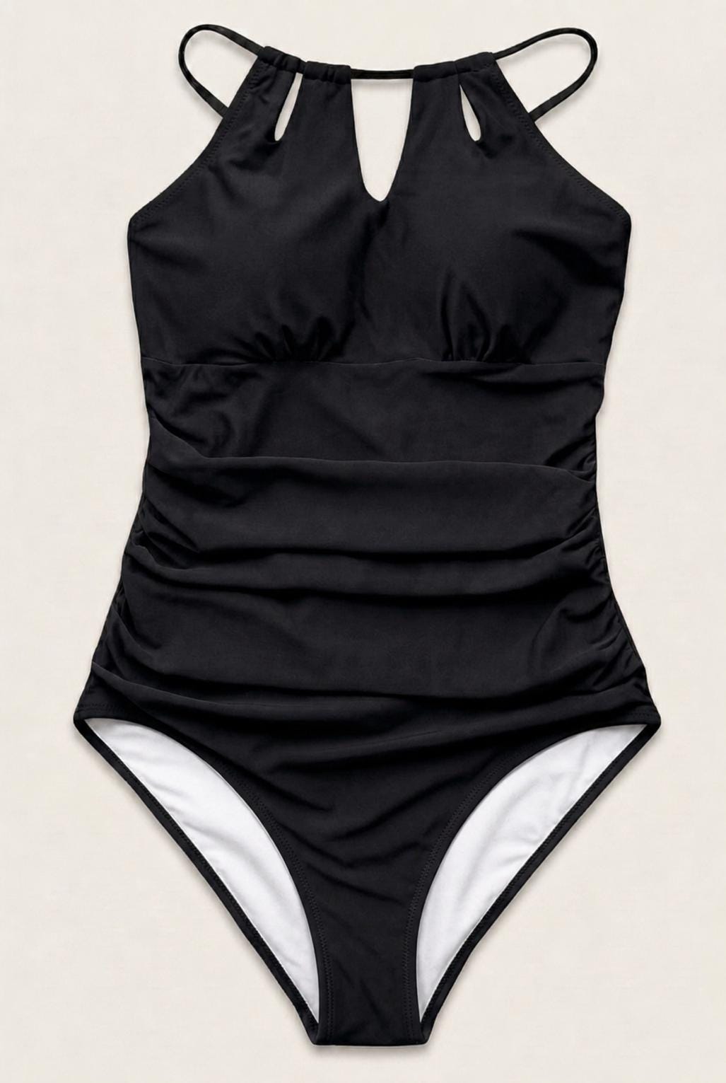 Halter Keyhole Cut-Out One-Piece Swimsuit, Lace-Up Back & Tummy Control, Black