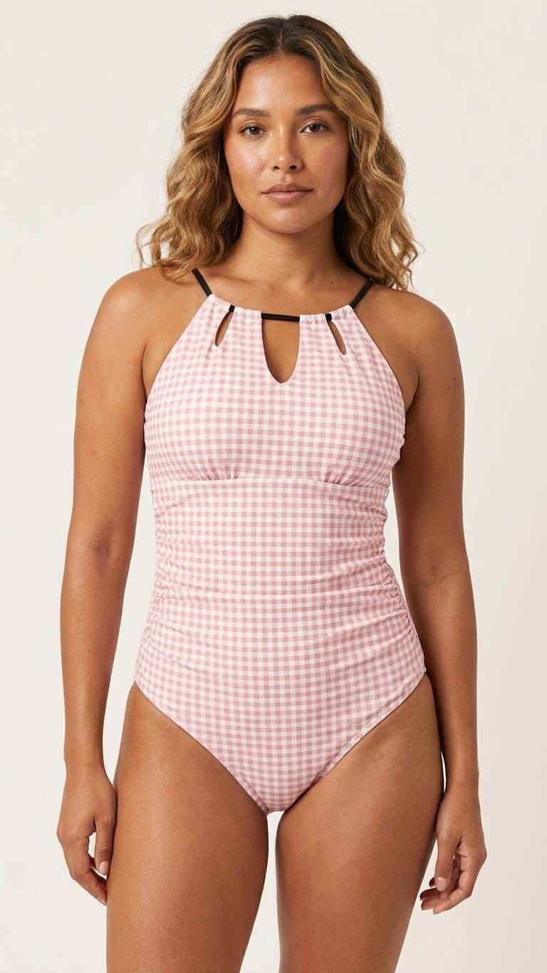 Halter Keyhole Cut-Out One-Piece Swimsuit, Lace-Up Back & Tummy Control, Retro Pink Gingham