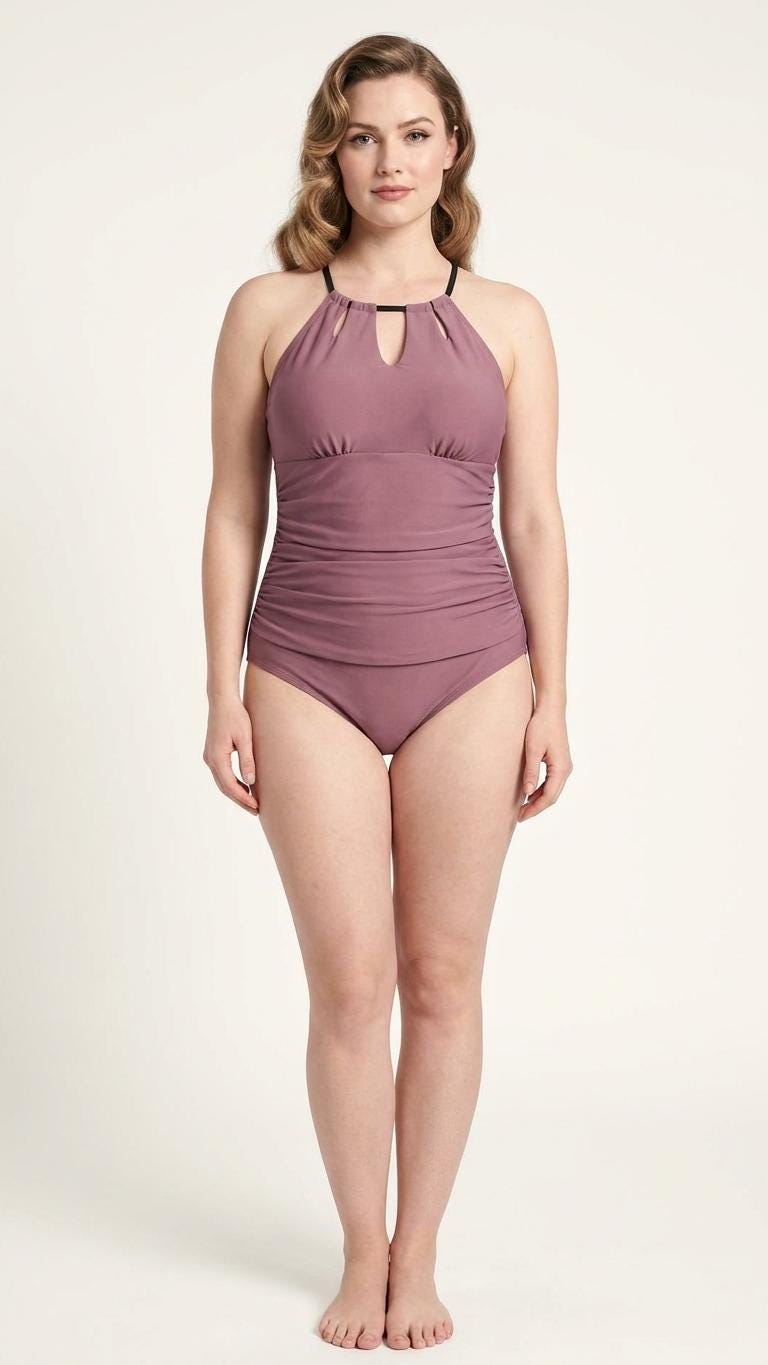 Halter Keyhole Cut-Out One-Piece Swimsuit, Lace-Up Back & Tummy Control, Retro Purple and Other Colours