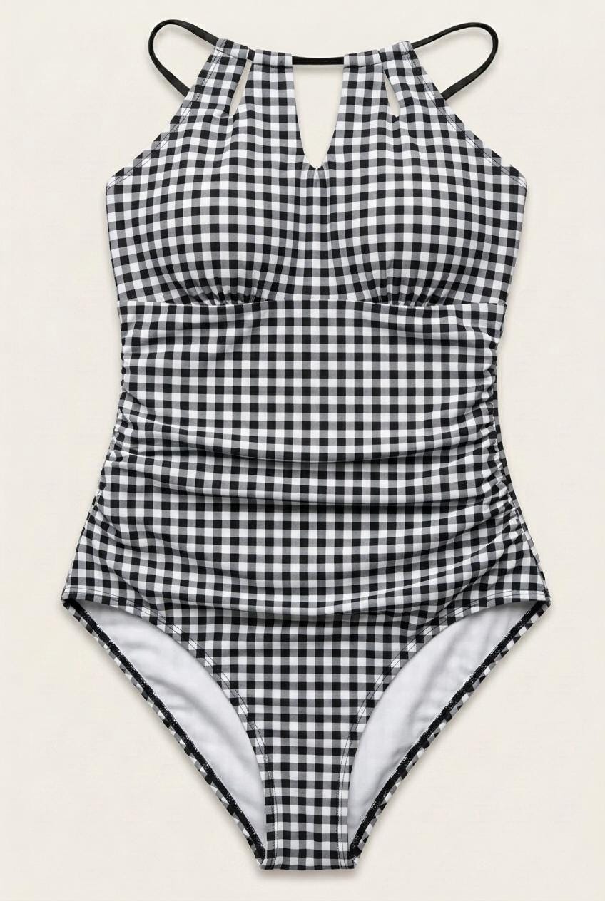 Halter Keyhole Cut-Out One-Piece Swimsuit, Lace-Up Back & Tummy Control, Retro Black Gingham