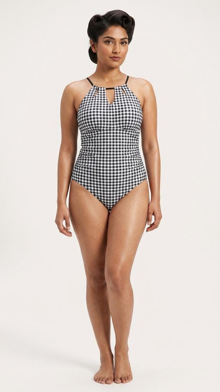 Halter Keyhole Cut-Out One-Piece Swimsuit, Lace-Up Back & Tummy Control, Retro Black Gingham