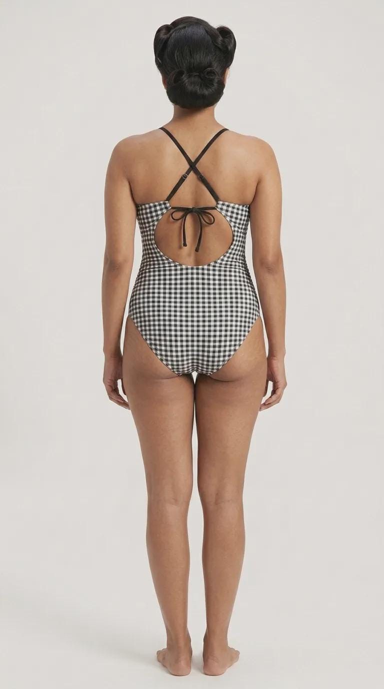 Halter Keyhole Cut-Out One-Piece Swimsuit, Lace-Up Back & Tummy Control, Retro Black Gingham