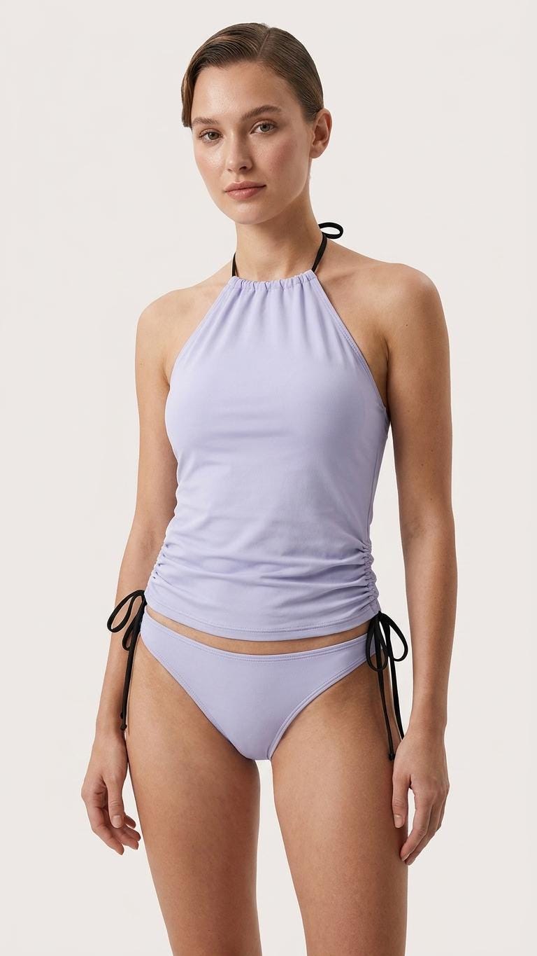 Retro Soft Blue or Pink Tankini – Surfer Two-Piece Swimsuit, Halterneck Drawstring, Flattering Fit