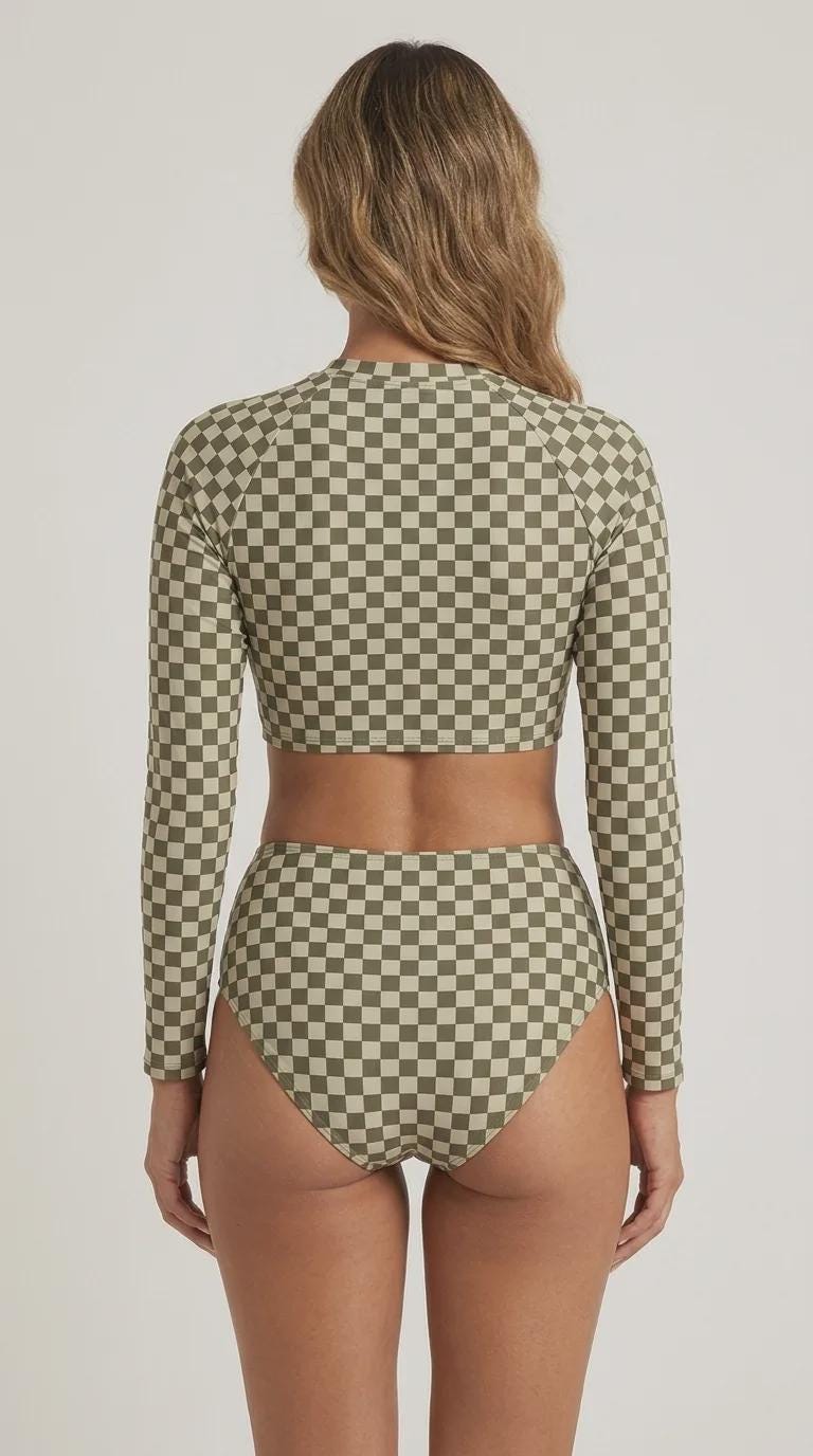 Checker Two-Piece Swimsuit, Retro Long Sleeve Crop Rash Guard