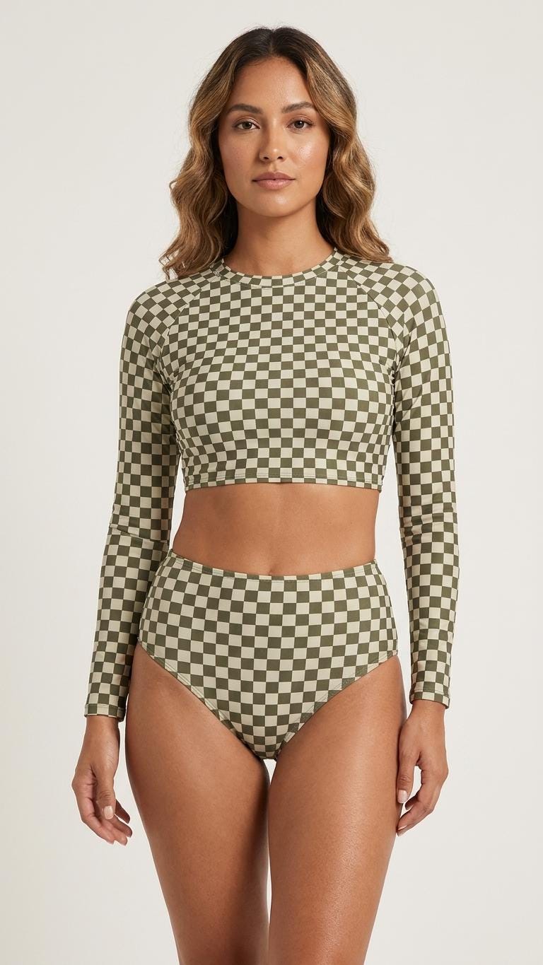 Checker Two-Piece Swimsuit, Retro Long Sleeve Crop Rash Guard