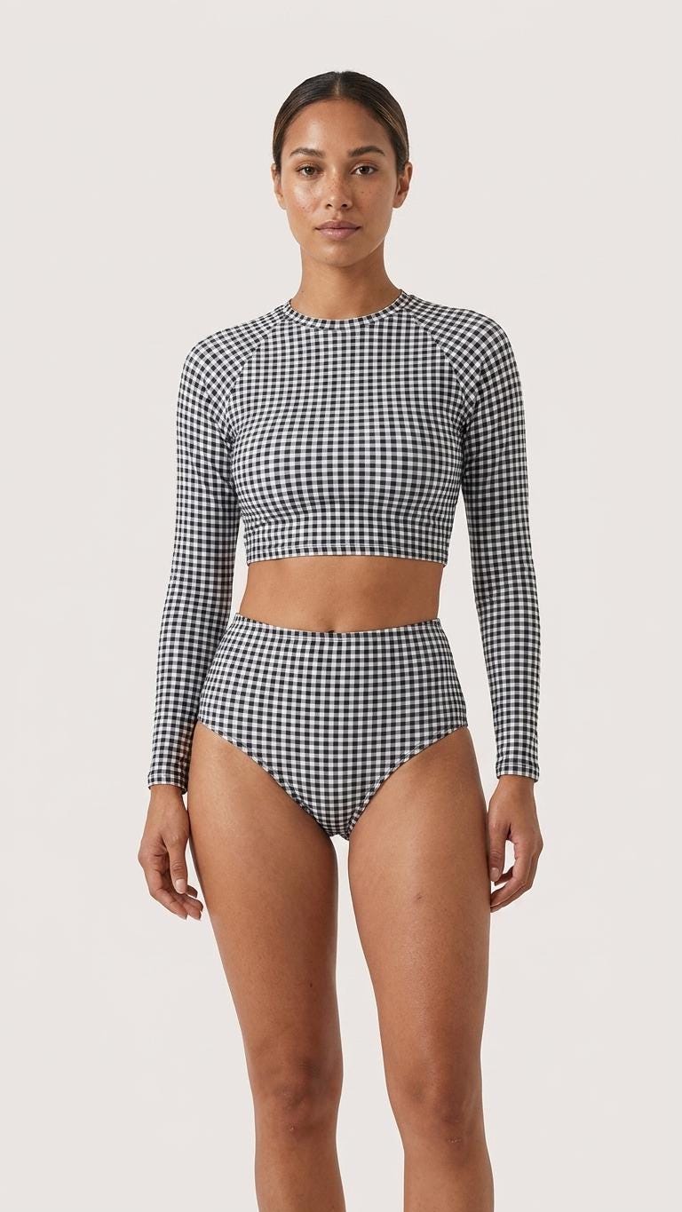 Retro Surf Sporty Long-Sleeve Rash-Guard Bikini | High-Waist Two-Piece Swimsuit | Vintage-Inspired Black Gingham