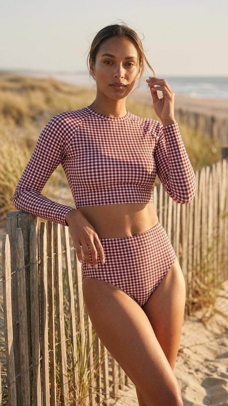 Retro Surf Sporty Long-Sleeve Rash-Guard Bikini | High-Waist Two-Piece Swimsuit | Vintage-Inspired Red Gingham