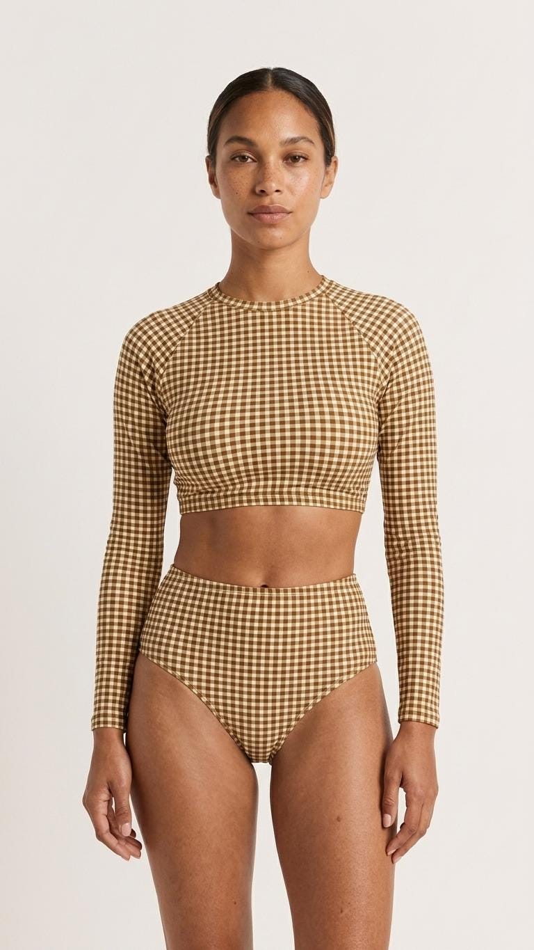 Retro Surf Sporty Long-Sleeve Rash-Guard Bikini | High-Waist Two-Piece Swimsuit | Vintage-Inspired Olive Gingham