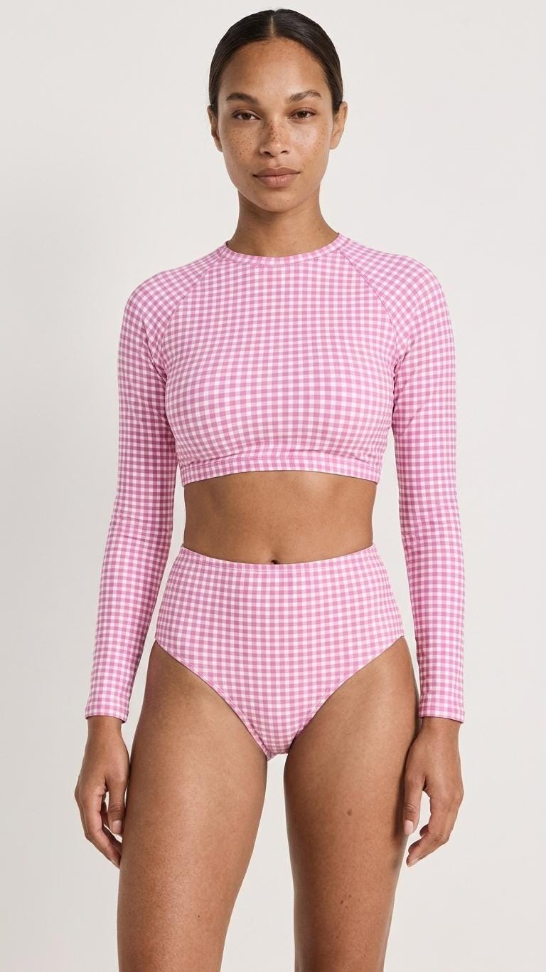 Retro Surf Sporty Long-Sleeve Rash-Guard Bikini | High-Waist Two-Piece Swimsuit | Vintage-Inspired Pink Gingham