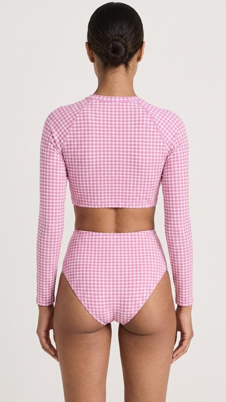 Retro Surf Sporty Long-Sleeve Rash-Guard Bikini | High-Waist Two-Piece Swimsuit | Vintage-Inspired Pink Gingham