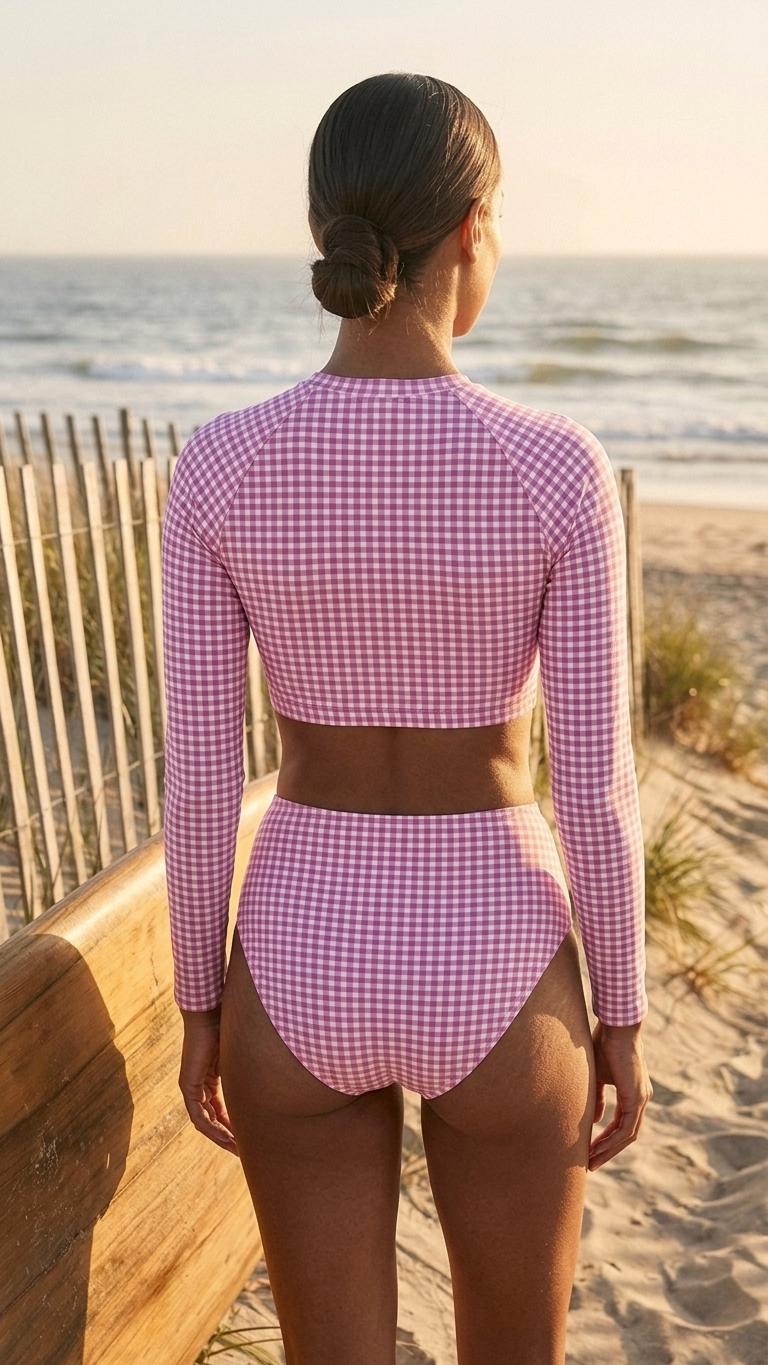 Retro Surf Sporty Long-Sleeve Rash-Guard Bikini | High-Waist Two-Piece Swimsuit | Vintage-Inspired Pink Gingham