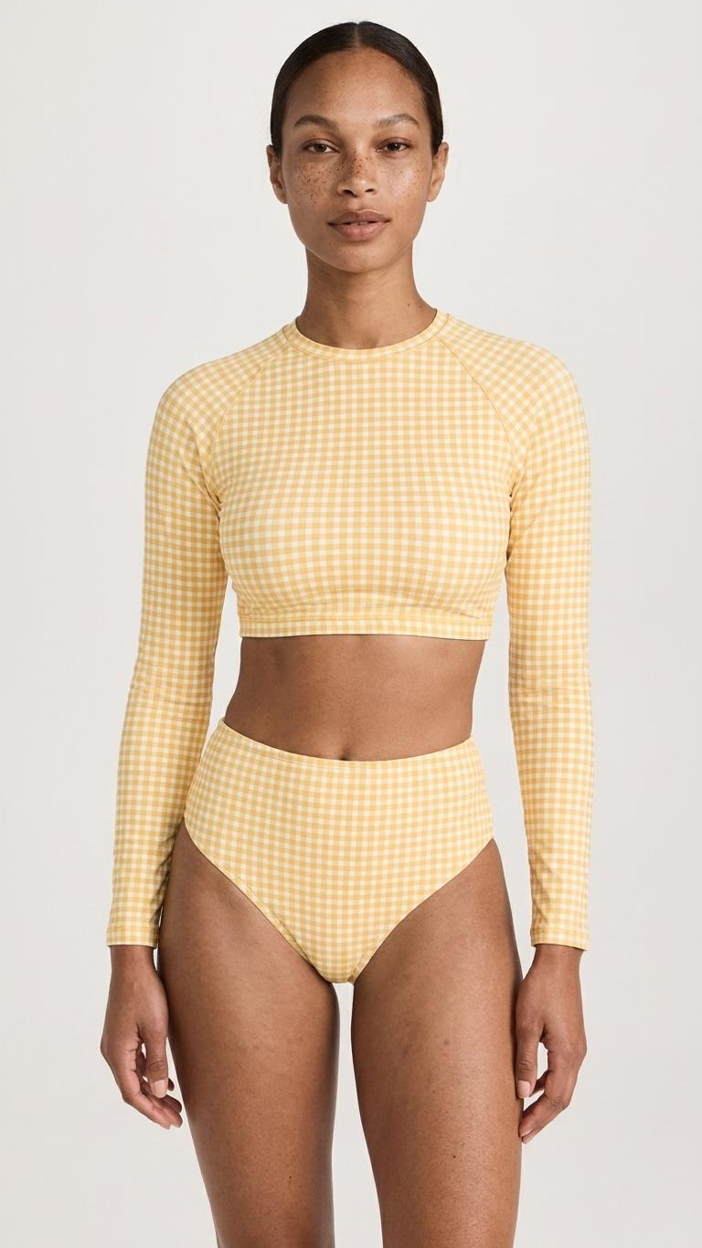 Retro Surf Sporty Long-Sleeve Rash-Guard Bikini | High-Waist Two-Piece Swimsuit | Vintage-Inspired Yellow Gingham