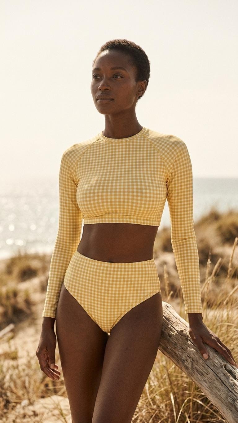 Retro Surf Sporty Long-Sleeve Rash-Guard Bikini | High-Waist Two-Piece Swimsuit | Vintage-Inspired Yellow Gingham
