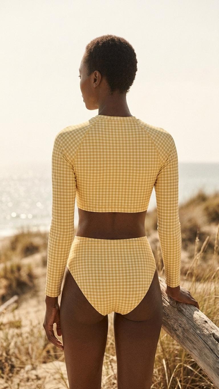 Retro Surf Sporty Long-Sleeve Rash-Guard Bikini | High-Waist Two-Piece Swimsuit | Vintage-Inspired Yellow Gingham