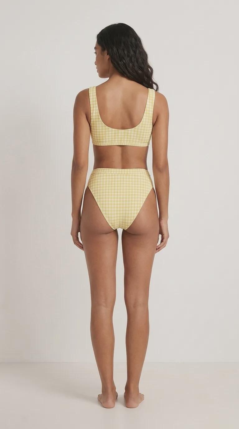 Classic Yellow Gingham Sporty Sexy Bikini – High-Waisted Swimsuit, Scoop-Neck Crop-Top, Flattering High-Leg