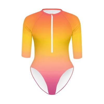 Sunset Gradient Zip Front Rash Guard Swimsuit, High Leg One-Piece