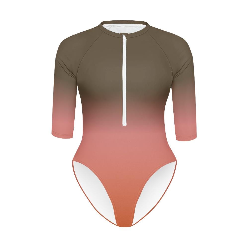 Brown Gradient Lightweight One-Piece Swimsuit, Zip Front, High Leg, Rash Guard - Unlined