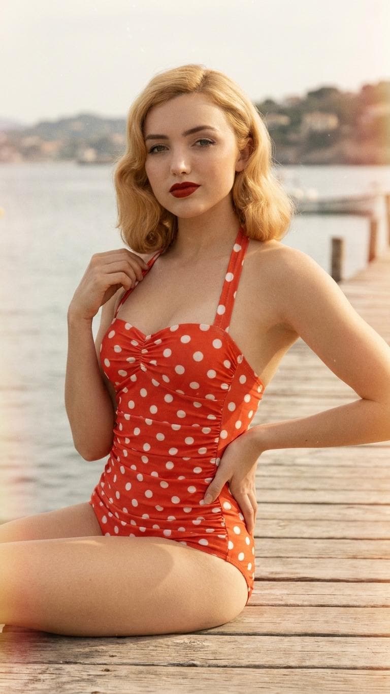 Retro Red Polka Dot Halter Swimsuit, Vintage Mod 50s Pin Up, Padding & Tummy Control