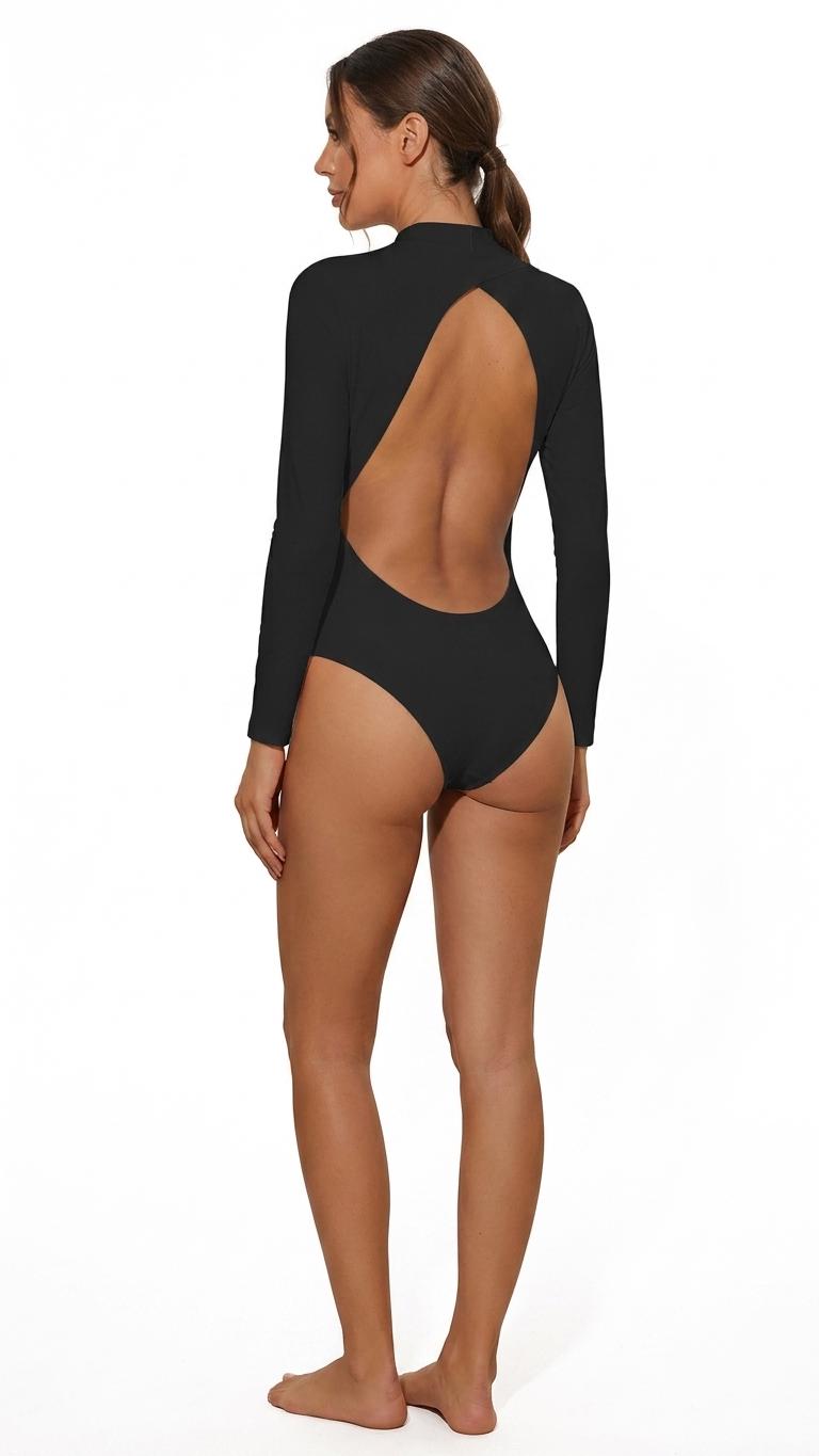Black Long Sleeve Swimsuit – High Neck, Cut-Out Back, Thumbholes, High-Leg One Piece