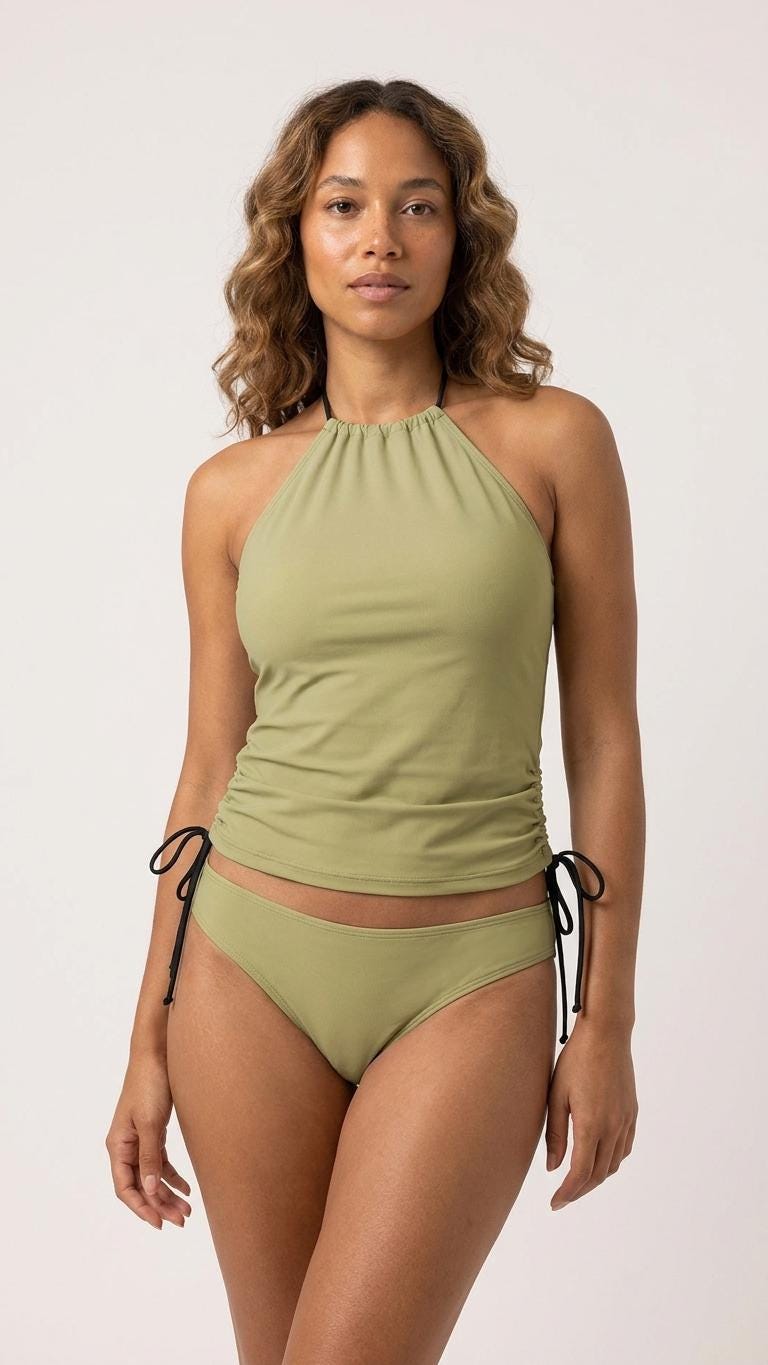 Stylish Halterneck Tankini – Dusty OliveTwo-Piece Swimsuit with Side Drawstrings, Flattering & Comfortable