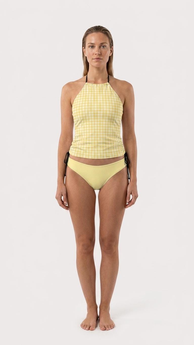 Stylish Halter Tankini – Yellow Gingham Two-Piece Swimsuit – Side Drawstrings, Flattering & Comfortable
