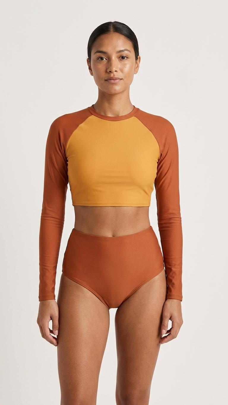 Vintage-Inspired Two-Tone Caramel Brown & Yellow Two-Piece Swimsuit | Retro Surf Long-Sleeve Crop-Top | High-Waisted Bottoms