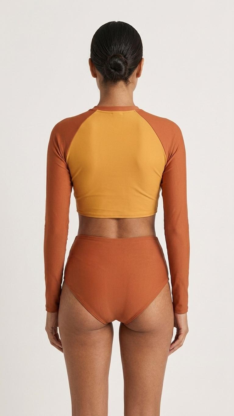 Vintage-Inspired Two-Tone Caramel Brown & Yellow Two-Piece Swimsuit | Retro Surf Long-Sleeve Crop-Top | High-Waisted Bottoms