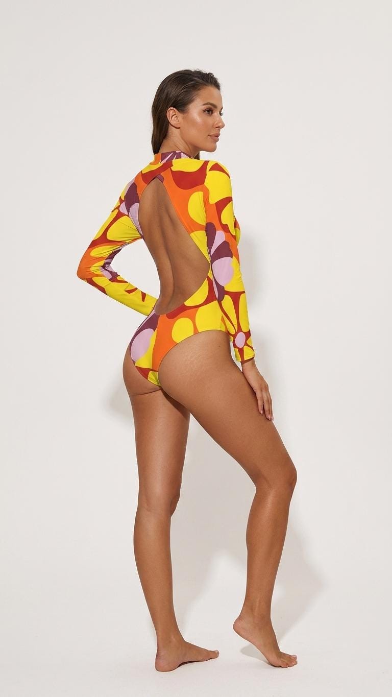 Colourful Long-Sleeve Open-Back Swimsuit, One-Piece Surf Swimwear, Front Lined, Removable Padding