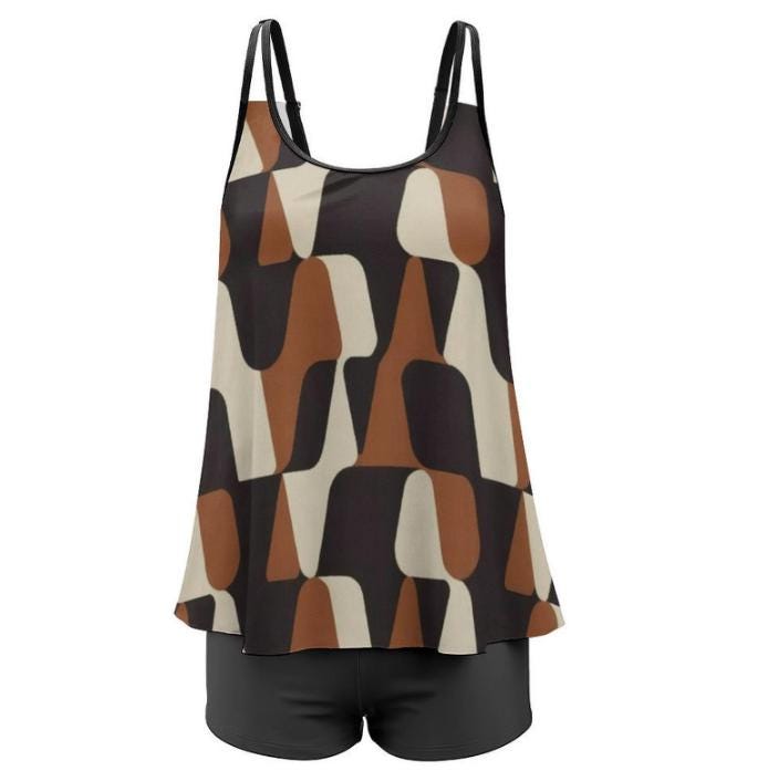 Mod Retro Style Flowy Halter Tankini Set – Two-Piece Swimsuit Set with Boyshorts