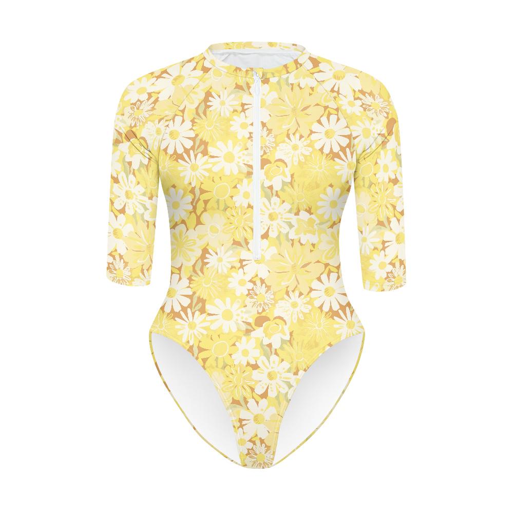 Lightweight One-Piece Swimsuit, Lightweight Front-Zip Rash-Guard, Yellow Retro Florals- Unlined