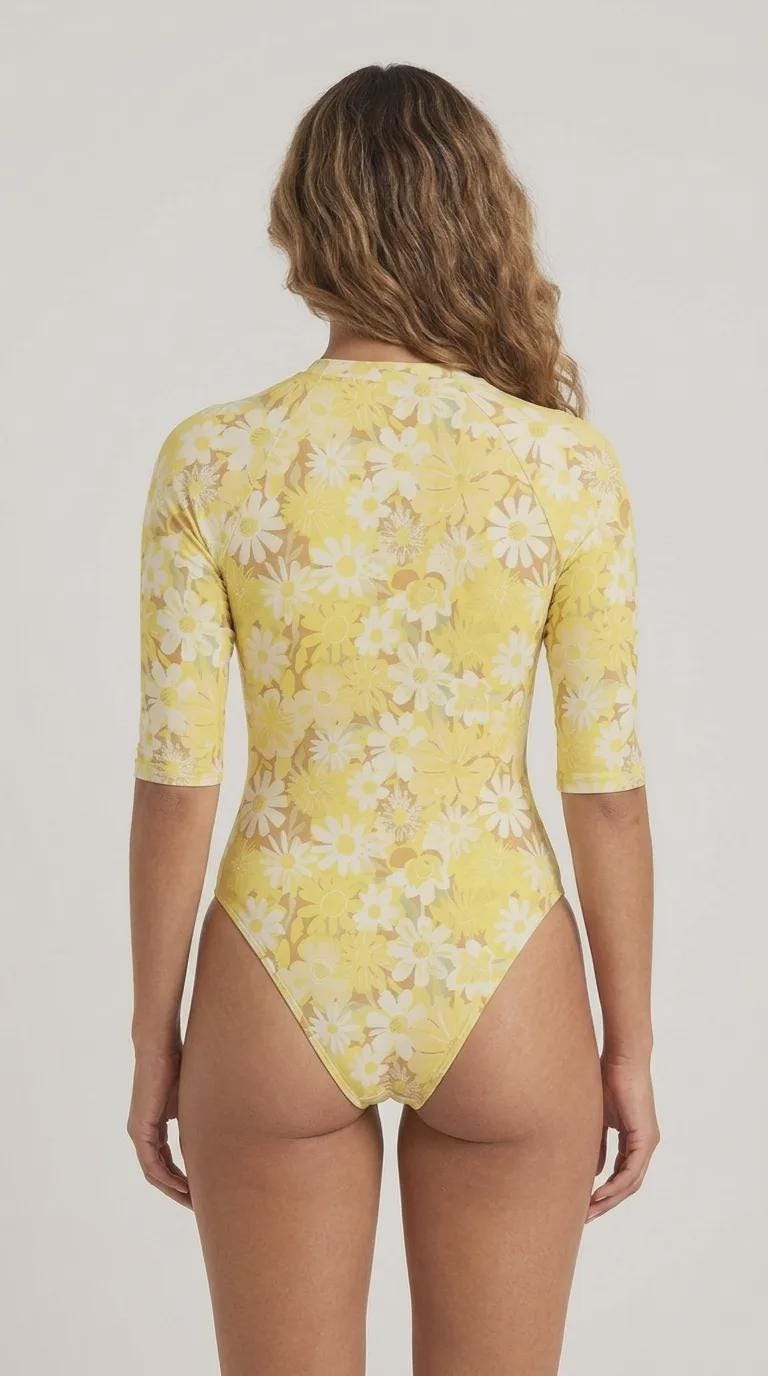 Lightweight One-Piece Swimsuit, Lightweight Front-Zip Rash-Guard, Yellow Retro Florals- Unlined