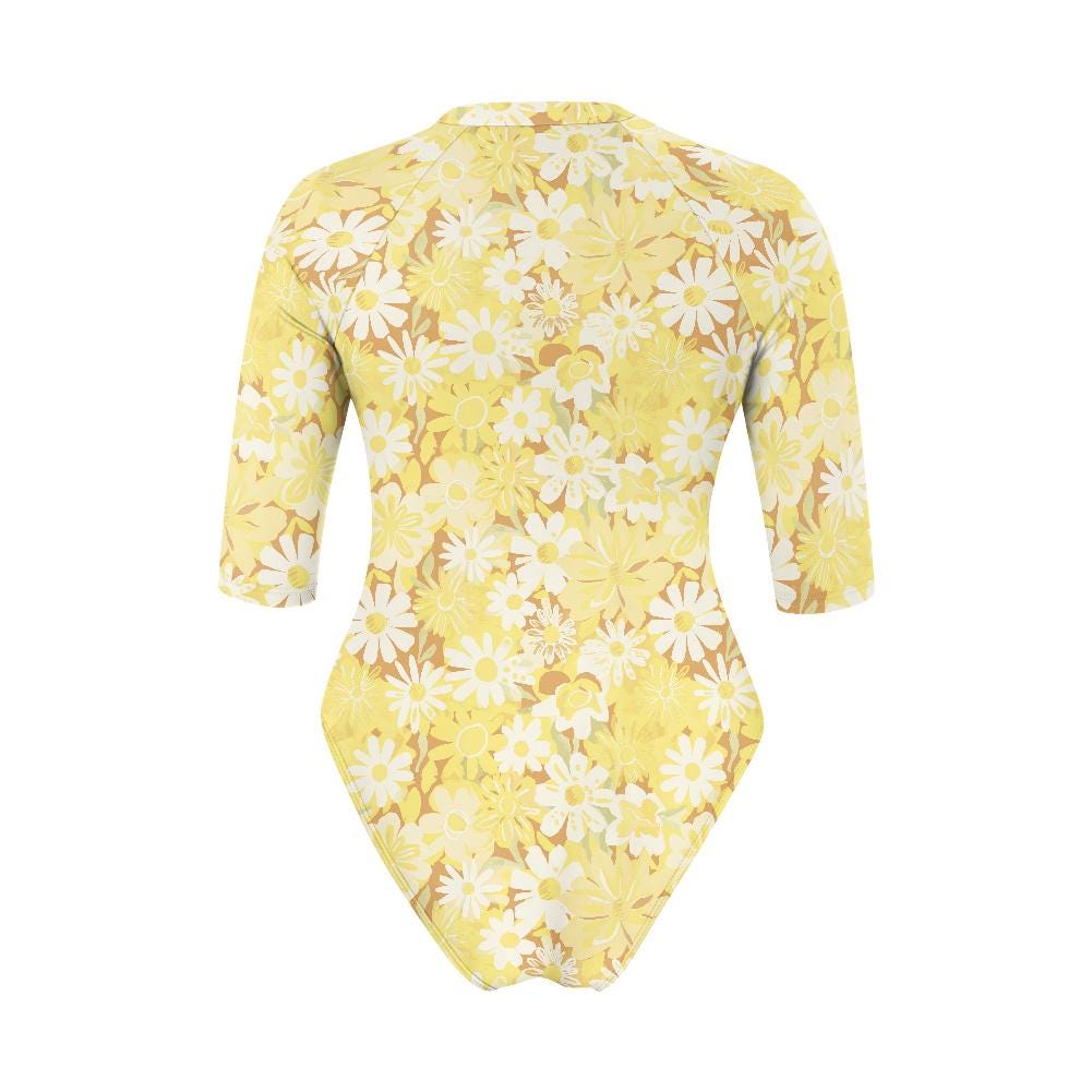 Lightweight One-Piece Swimsuit, Lightweight Front-Zip Rash-Guard, Yellow Retro Florals- Unlined