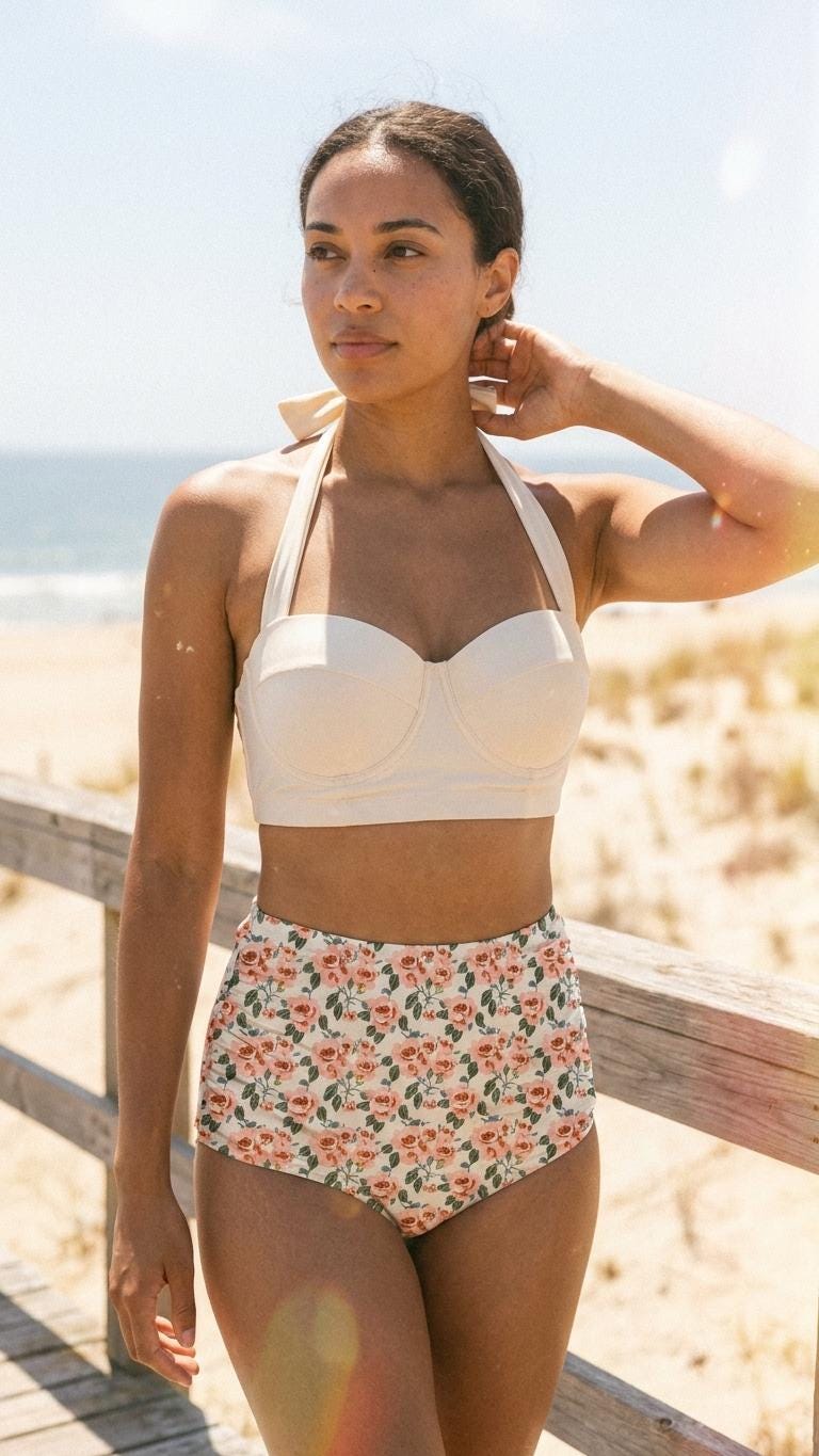 Vintage High-Waisted Bikini | Retro Classic Roses Halter Swimsuit | Coquette Ruched Two-Piece | 2 Styles