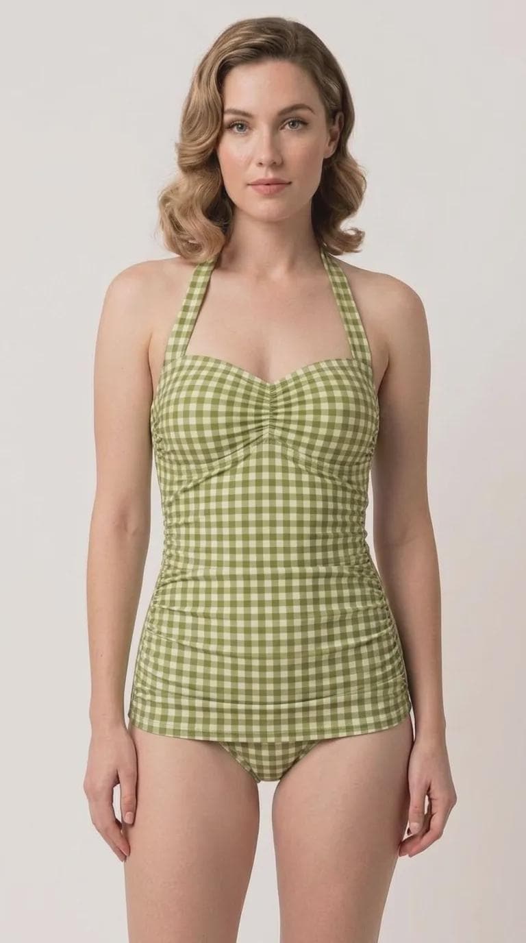 Coquette Vintage Pin Up Gingham Checkered Halter Sweetheart One-Piece Swimsuit, Padding & Tummy Control, Green