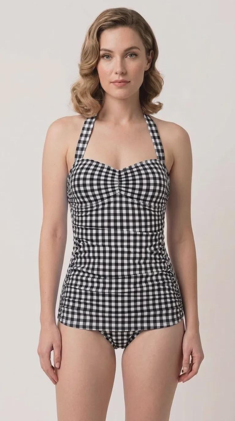 Coquette Vintage Pin Up Gingham Checkered Halter Sweetheart One-Piece Swimsuit, Padding & Tummy Control, Black