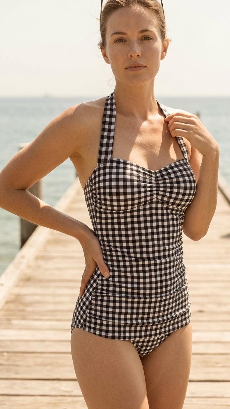 Coquette Vintage Pin Up Gingham Checkered Halter Sweetheart One-Piece Swimsuit, Padding & Tummy Control, Black