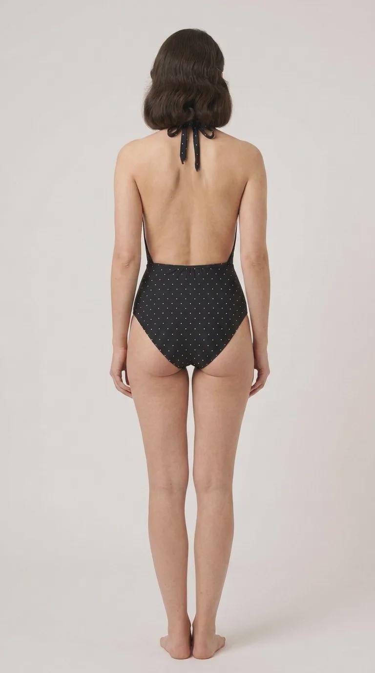 Classic Black Polka Dot One Piece Swimsuit – High-Waist Retro Bathing Suit, Backless Halter Swimwear
