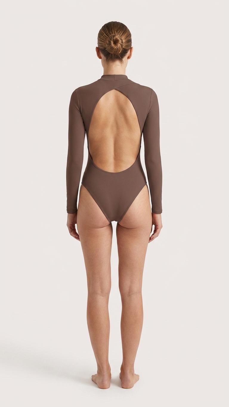 Mocha Chocolate Brown Long Sleeve Surf Swimsuit, Low Back & Thumbholes – High Leg, Removable Padding