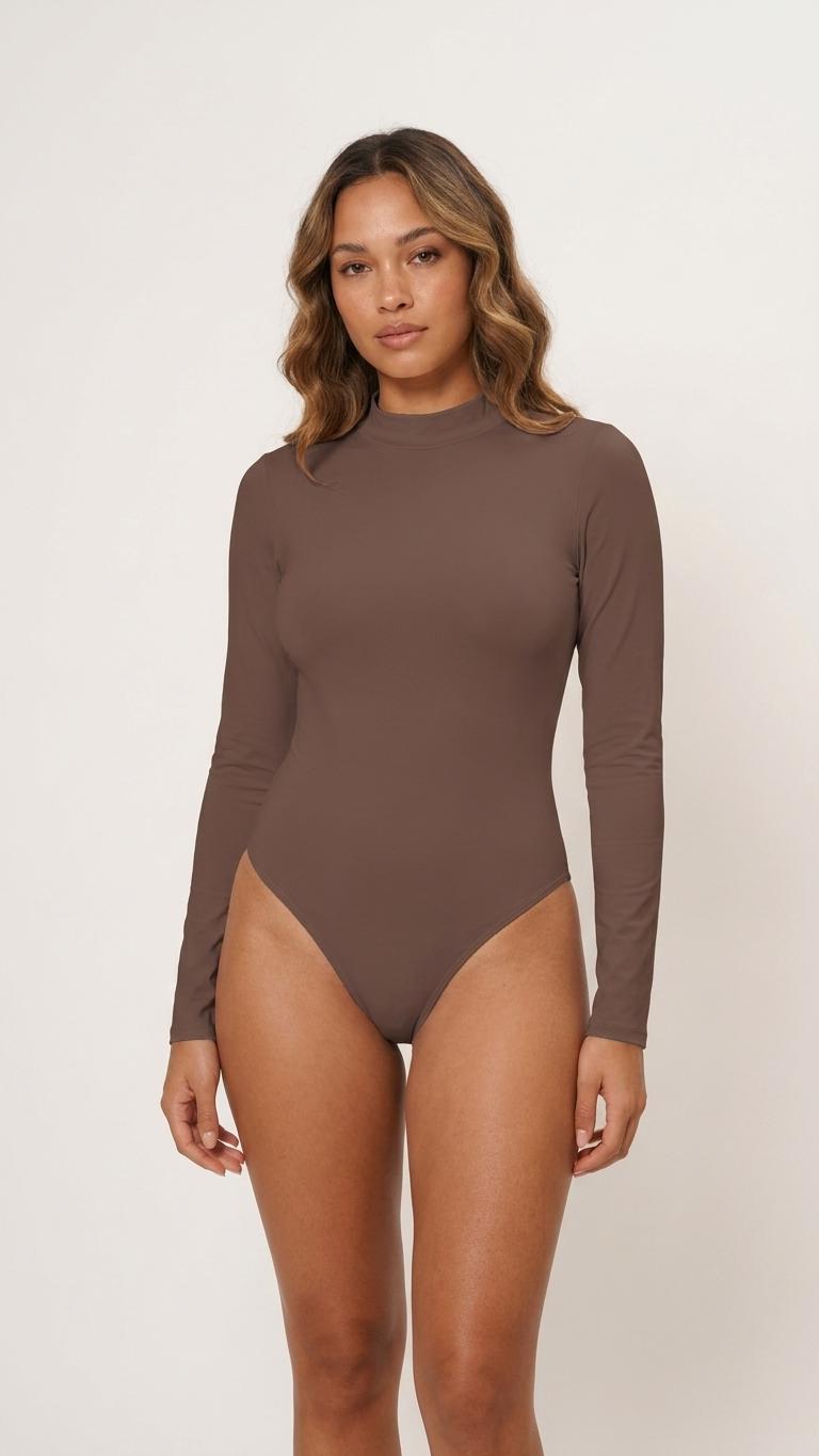 Mocha Chocolate Brown Long Sleeve Surf Swimsuit, Low Back & Thumbholes – High Leg, Removable Padding