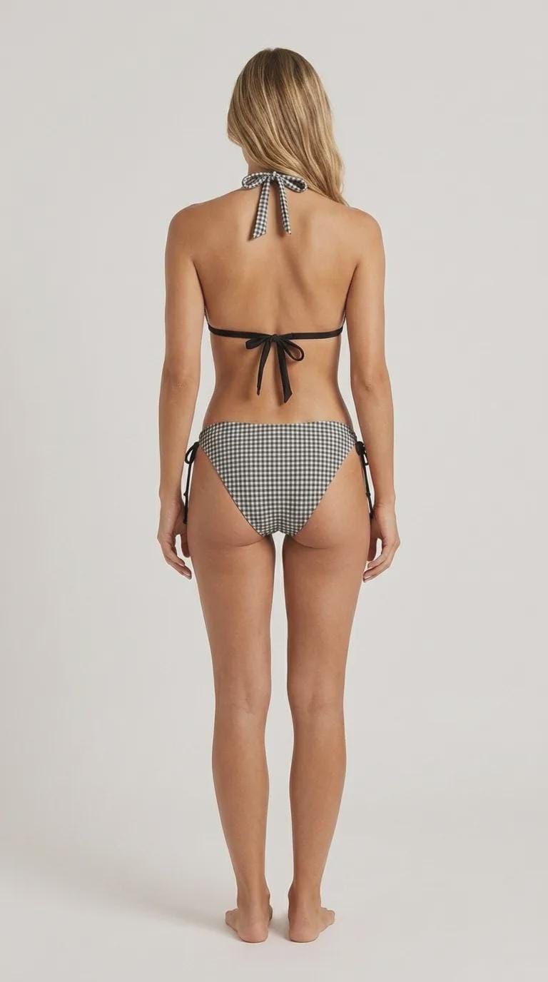 Black Gingham Triangle Bikini Set – Retro Festival Swimwear with Halter Top – Retro Beach Style