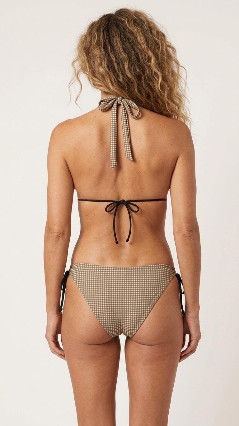 Brown Gingham Triangle Bikini Set – Retro Festival Swimwear with Halter Top – Retro Beach Style