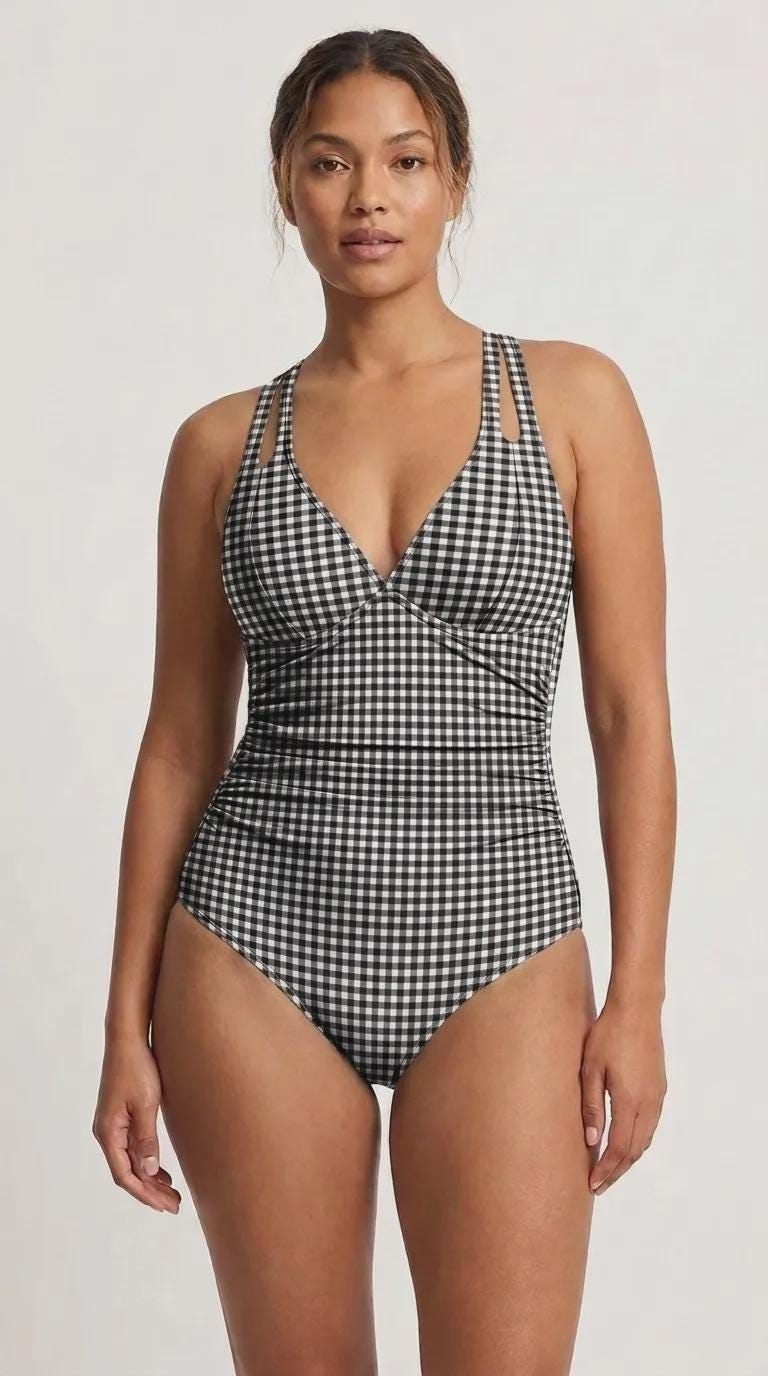 Deep V-Neck Plunge Ruched One-Piece Swimsuit, Cross-Back Tie, Tummy Control, Black & White Gingham