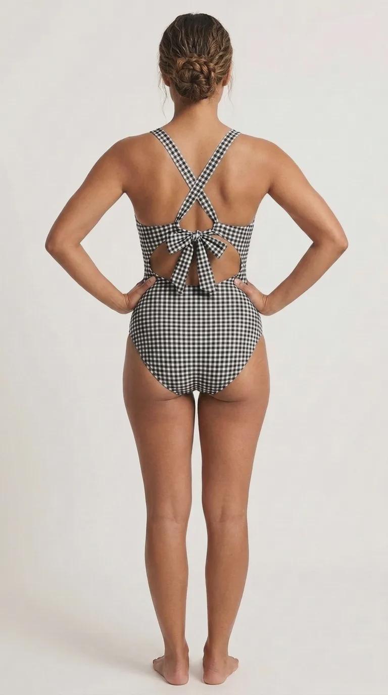 Deep V-Neck Plunge Ruched One-Piece Swimsuit, Cross-Back Tie, Tummy Control, Black & White Gingham