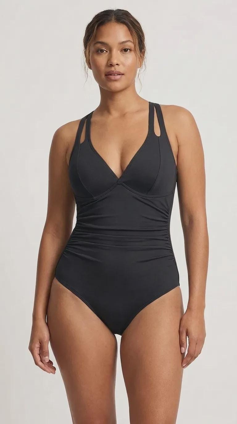 Deep V-Neck Plunge Ruched One-Piece Swimsuit, Cross-Back Tie, Tummy Control, Black