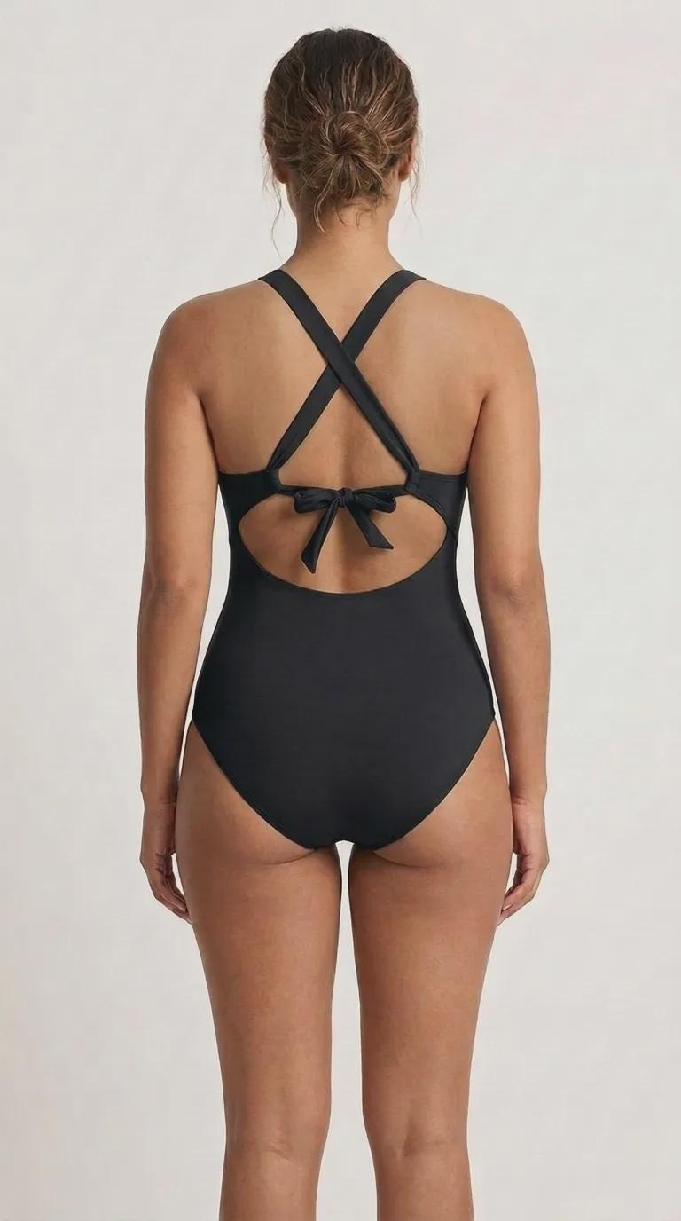 Deep V-Neck Plunge Ruched One-Piece Swimsuit, Cross-Back Tie, Tummy Control, Black